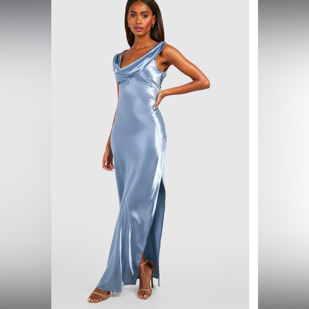 Satin cowl neck dress in dusty blue